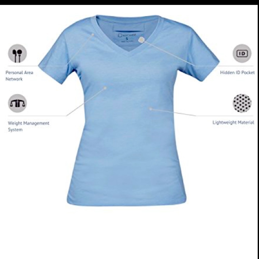 SCOTTeVEST “The Veronica V-Neck” Crisp Blue T-Shirt with hidden pocket, Size S